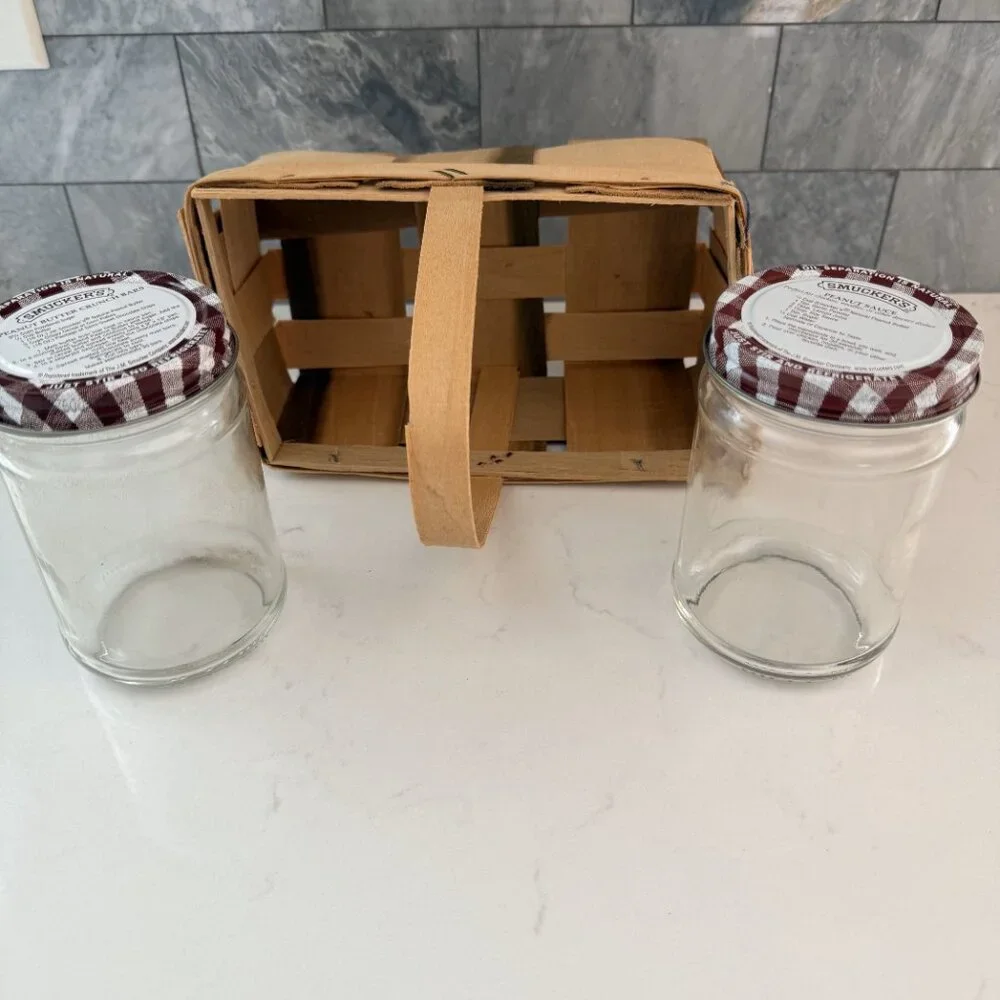 Vintage Farmhouse Split Slat Wood Woven Basket w Handle & 2 Smuckers 16 oz Jars